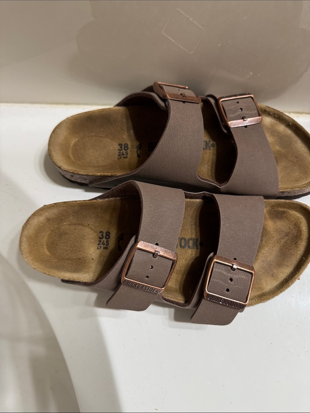 Birkenstock Arizona Dual-Band Tan Slide Sandals with Buckles - Picture 3 of 5